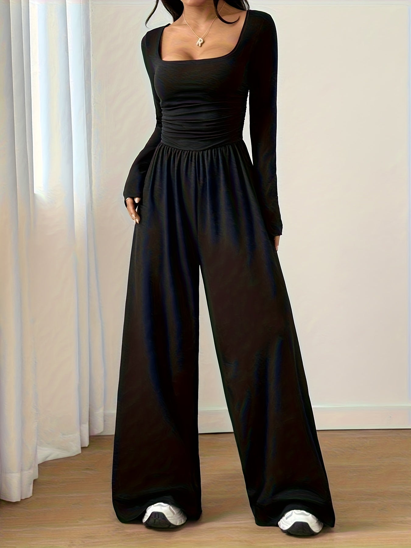 Solid Color Women's Classic Casual Square Neck Long Sleeve Jumpsuit