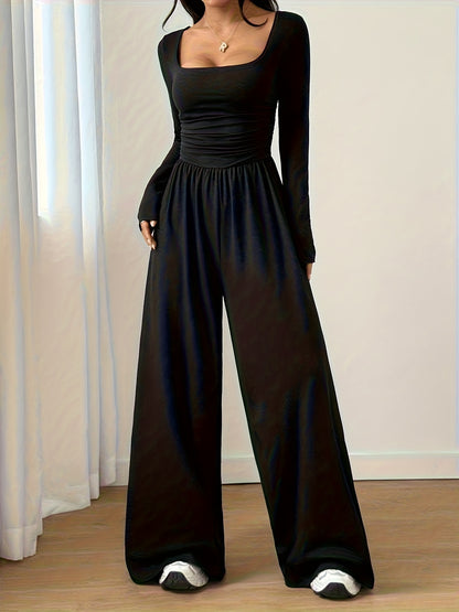 Solid Color Women's Classic Casual Square Neck Long Sleeve Jumpsuit