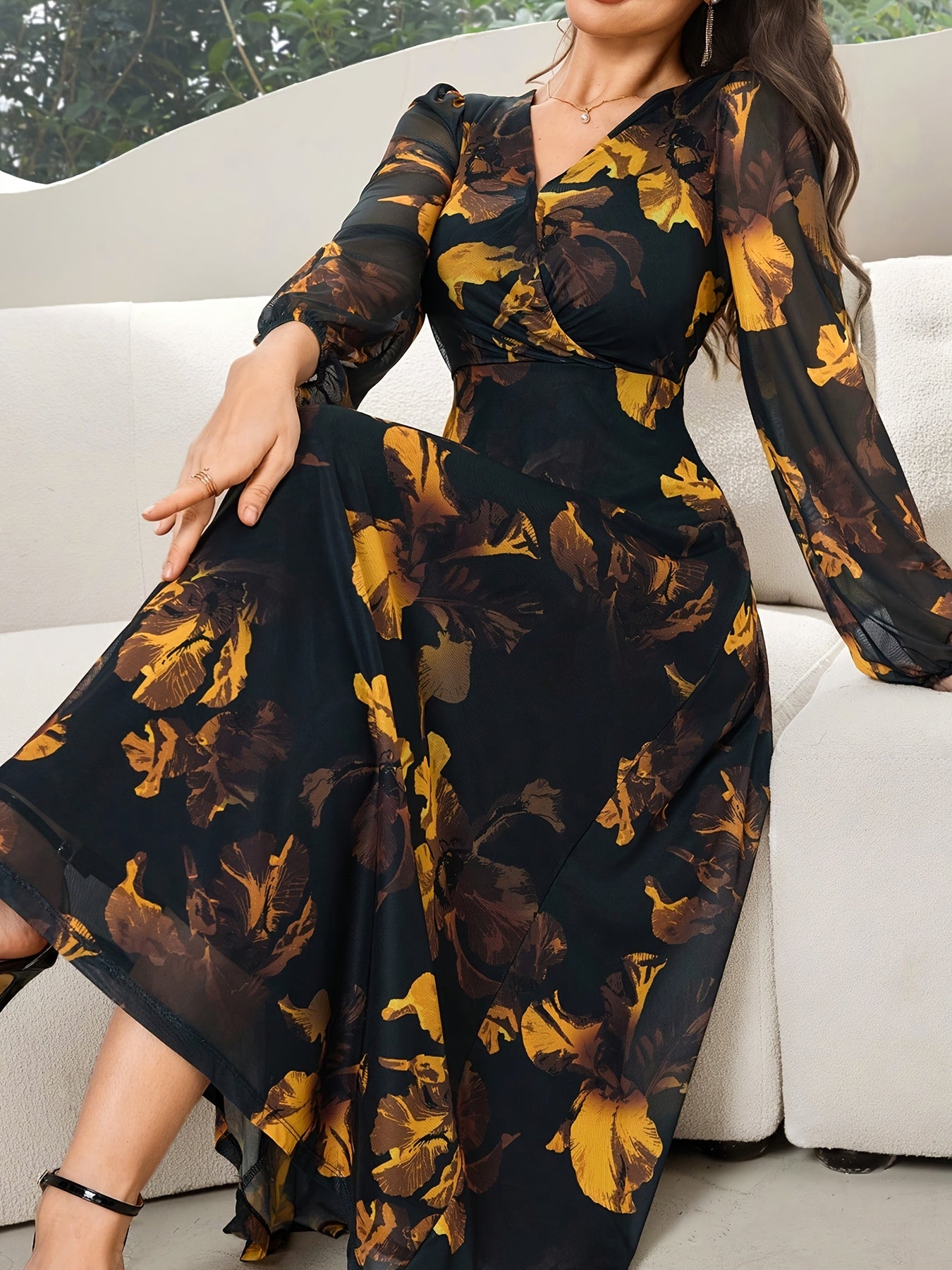 Women's Lace Dress WJ435, Elegant Floral Cinched Waist Long Dress, Deep V-Neck, Business Party, Spring/Autumn, Yellow Black Print Lace