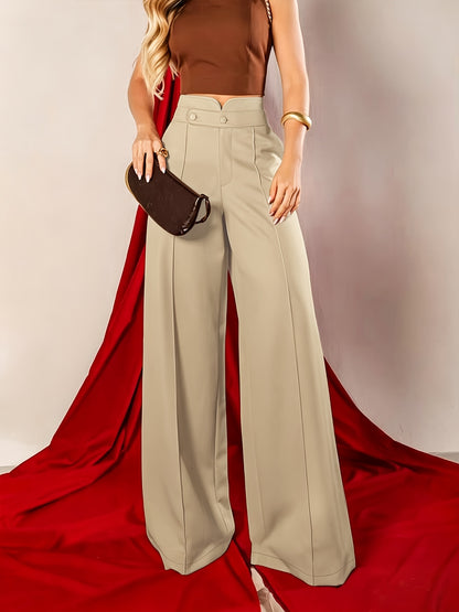 New Fashionable Solid Color Pocket Women's Casual High-Waist Notched Waistband Versatile Straight-Leg Pants, Accessories Not Included
