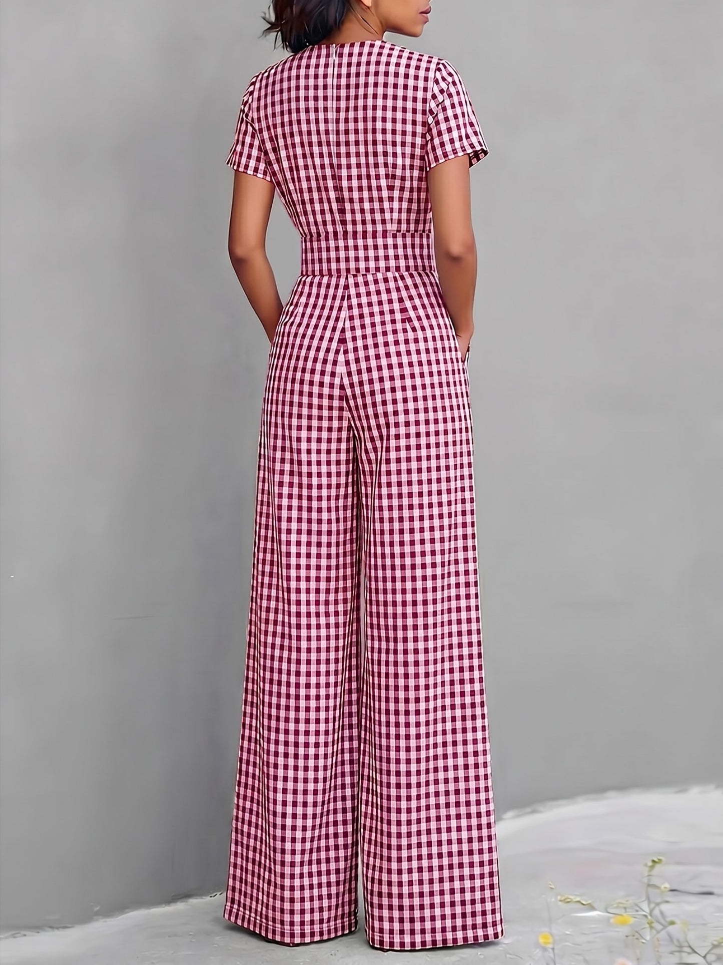 2026 Spring Summer Plaid V-Neck Short Sleeve Jumpsuit Women's, High-Waist Wide-Leg Straight Long Pants, Commute Casual Two-Wear, Waist-Cinching Design Flowing Wide-Leg Trousers