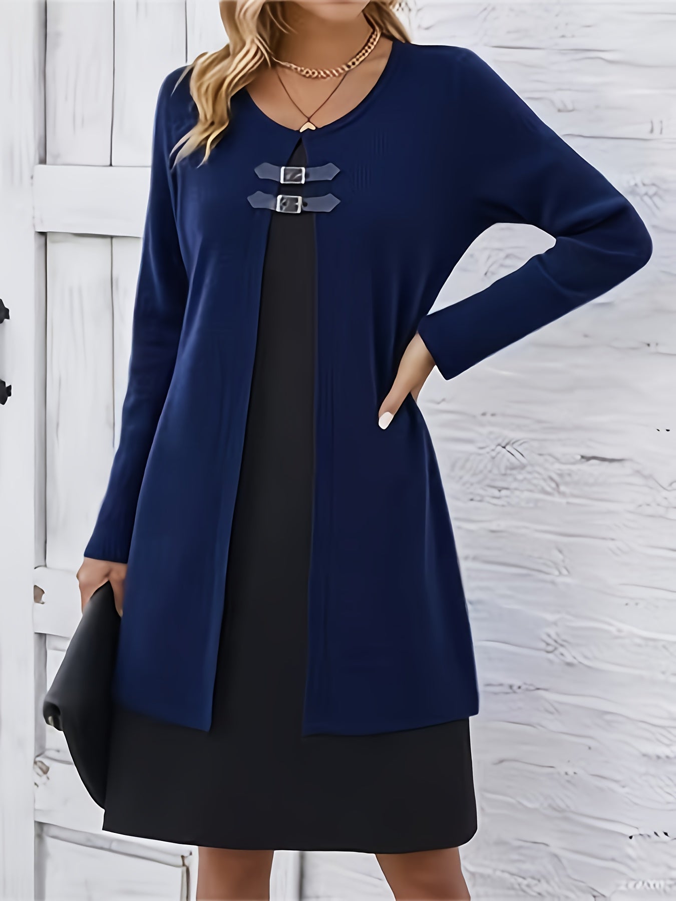 Autumn/Winter New Round Neck 2-in-1 Look Spliced Color-Block Women's Fashion Elegant Dress