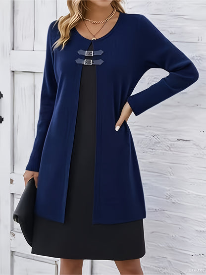 Autumn/Winter New Round Neck 2-in-1 Look Spliced Color-Block Women's Fashion Elegant Dress
