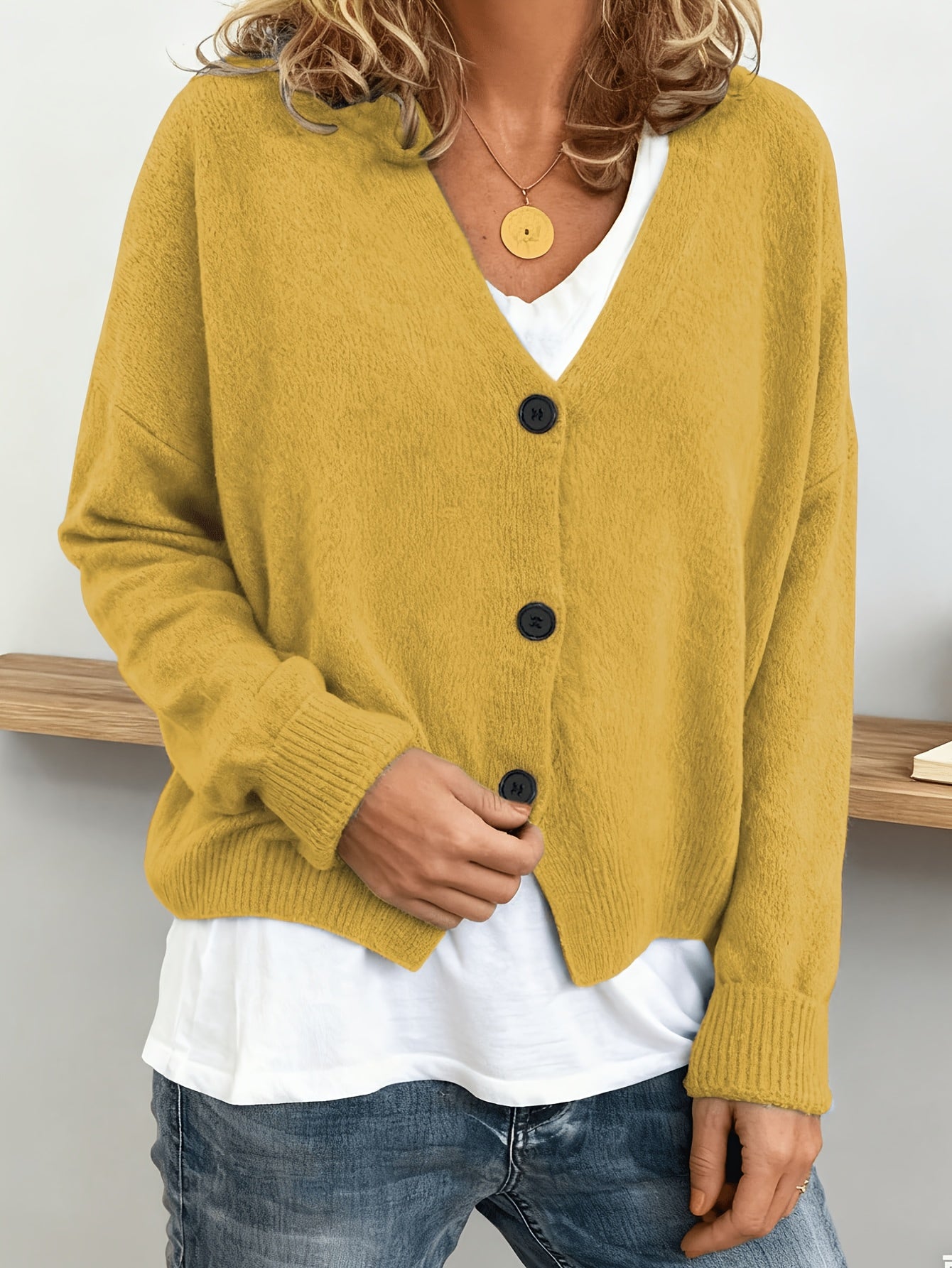 2026 Women'S Fashion V-Neck Button-Up Sweater, Casual Long Sleeve, Easy Style, Suitable for Outerwear, Relaxed And Casual, Autumn/Winter