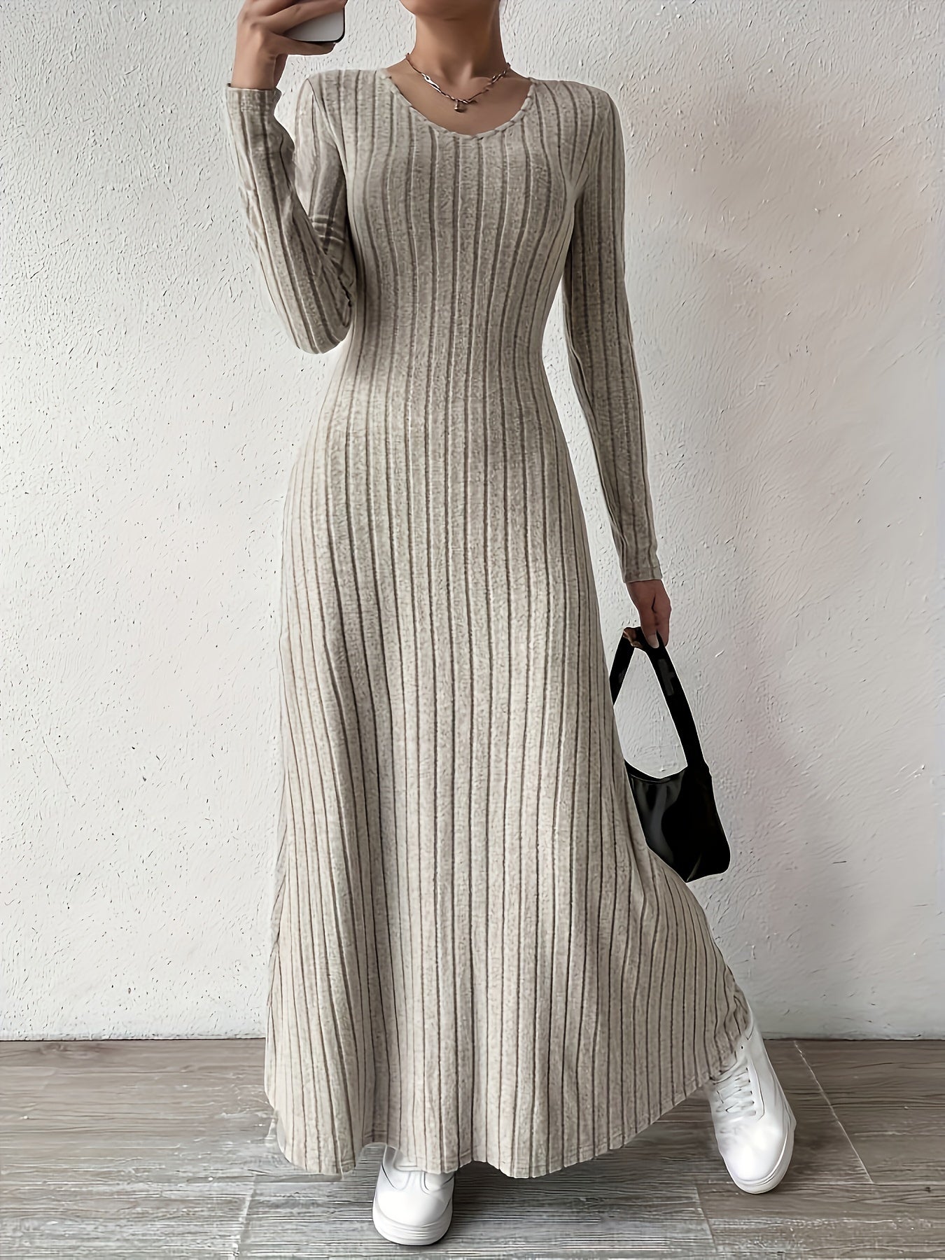 Women's Elegant V-Neck Long Sleeve A-Line Dress - Solid Color Machine Washable Fall Dress with Flattering Silhouette, Versatile for Casual & Formal Occasions, Long Sleeve Maxi Dress, Comfortable Fit