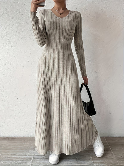 Women's Elegant V-Neck Long Sleeve A-Line Dress - Solid Color Machine Washable Fall Dress with Flattering Silhouette, Versatile for Casual & Formal Occasions, Long Sleeve Maxi Dress, Comfortable Fit