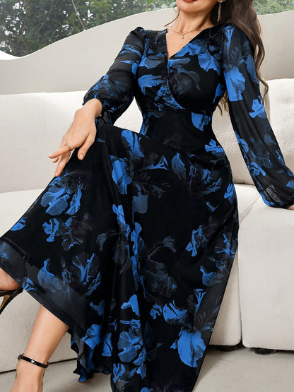 Women's Lace Dress WJ435, Elegant Floral Cinched Waist Long Dress, Deep V-Neck, Business Party, Spring/Autumn, Yellow Black Print Lace