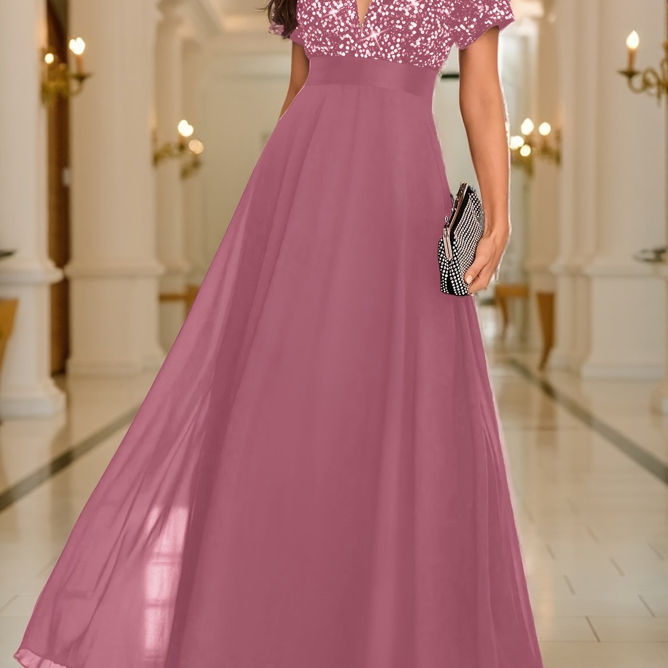 Sequin Spliced Formal Dress Elegant Prom Wedding Guest Gown, Contrast Sequin Chiffon Formal Dress, V-Neck Short Sleeve Sequin Patchwork Slim Fit Long Dress for Graduation Dress, Bride Dress, Birthday Women Outfits, Party Dress, Evening
