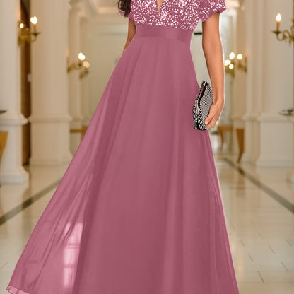 Sequin Spliced Formal Dress Elegant Prom Wedding Guest Gown, Contrast Sequin Chiffon Formal Dress, V-Neck Short Sleeve Sequin Patchwork Slim Fit Long Dress for Graduation Dress, Bride Dress, Birthday Women Outfits, Party Dress, Evening