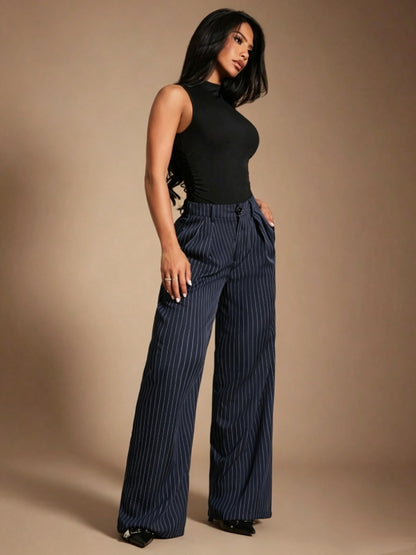 [Navy Blue | Striped] Navy Blue | Striped Suit Pants - Women's Minimalist Modern Suit with Pockets, Loose-Fit Trousers for Business, Office, Commuting & Formal Wear, Machine Washable Year-Round Professional Attire