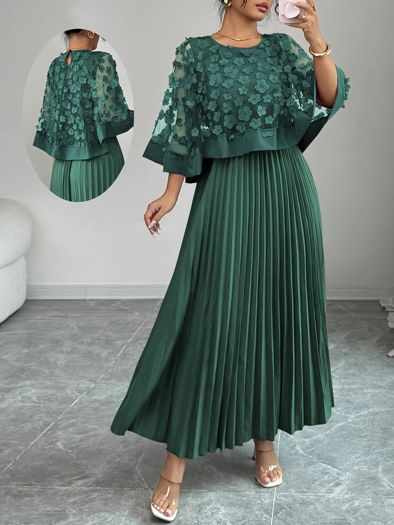 Elegant Floral Applique Two Piece Set for Women with Round Neck Flutter Sleeve Pleated Maxi Skirt Formal Style