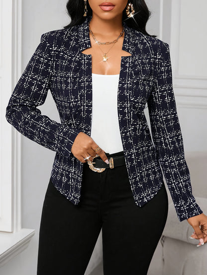 Elegant Women'S Plaid Blazer in a Beige-Brown Color Scheme, Featuring a Structured Collar Design Suitable for All Seasons. This Versatile Piece Is Perfect for Both Office And Party Settings
