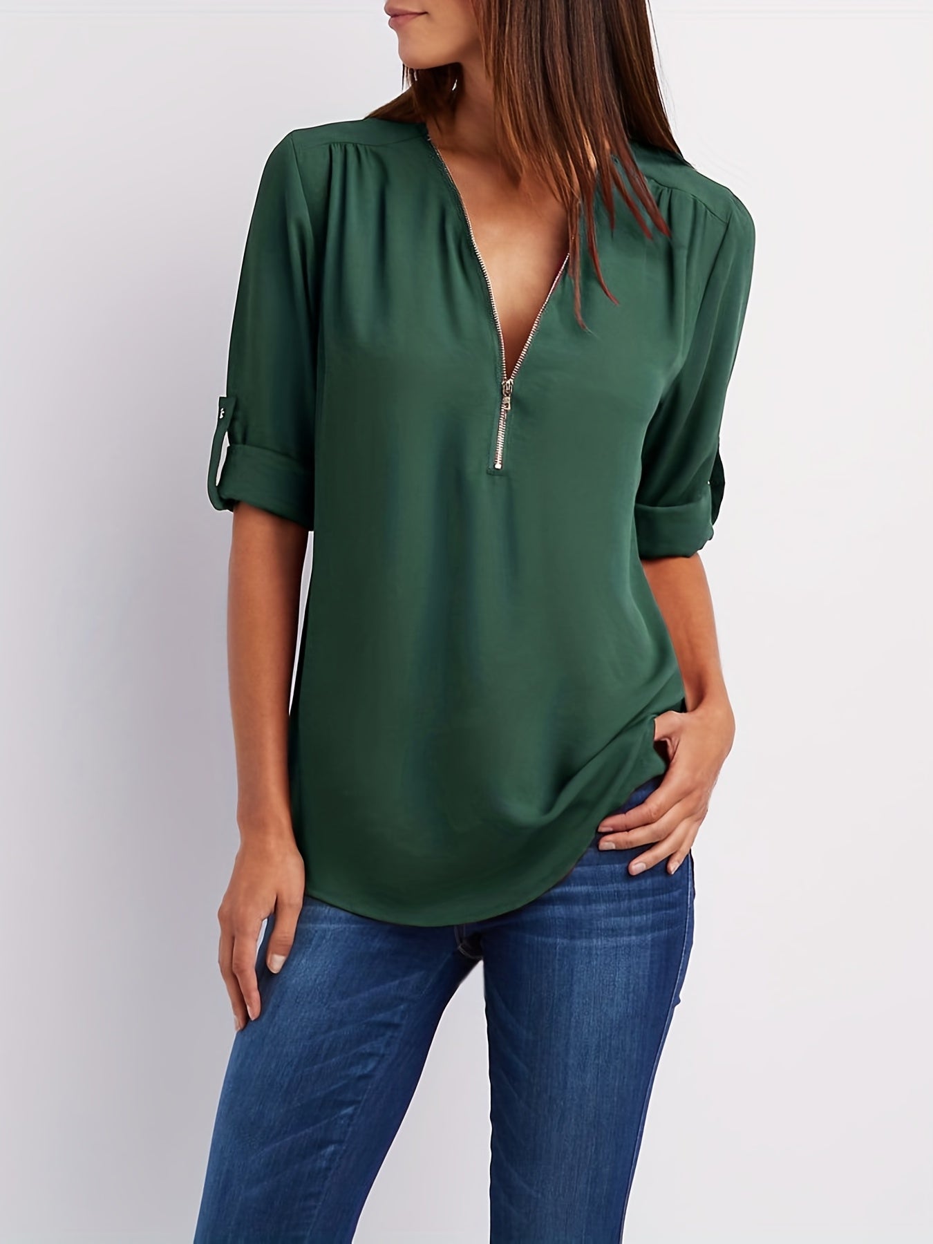 V-Neck Zipper Women'S Long-Sleeved Roll-Up Sleeve Loose Chiffon Shirt
