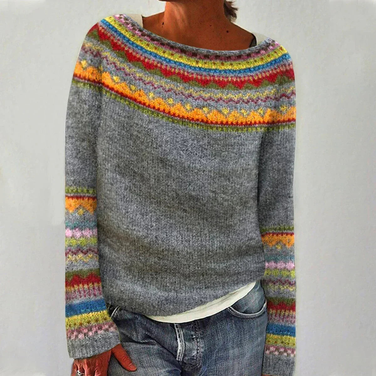 Women's Sweater | Wide Neckline and Patterned