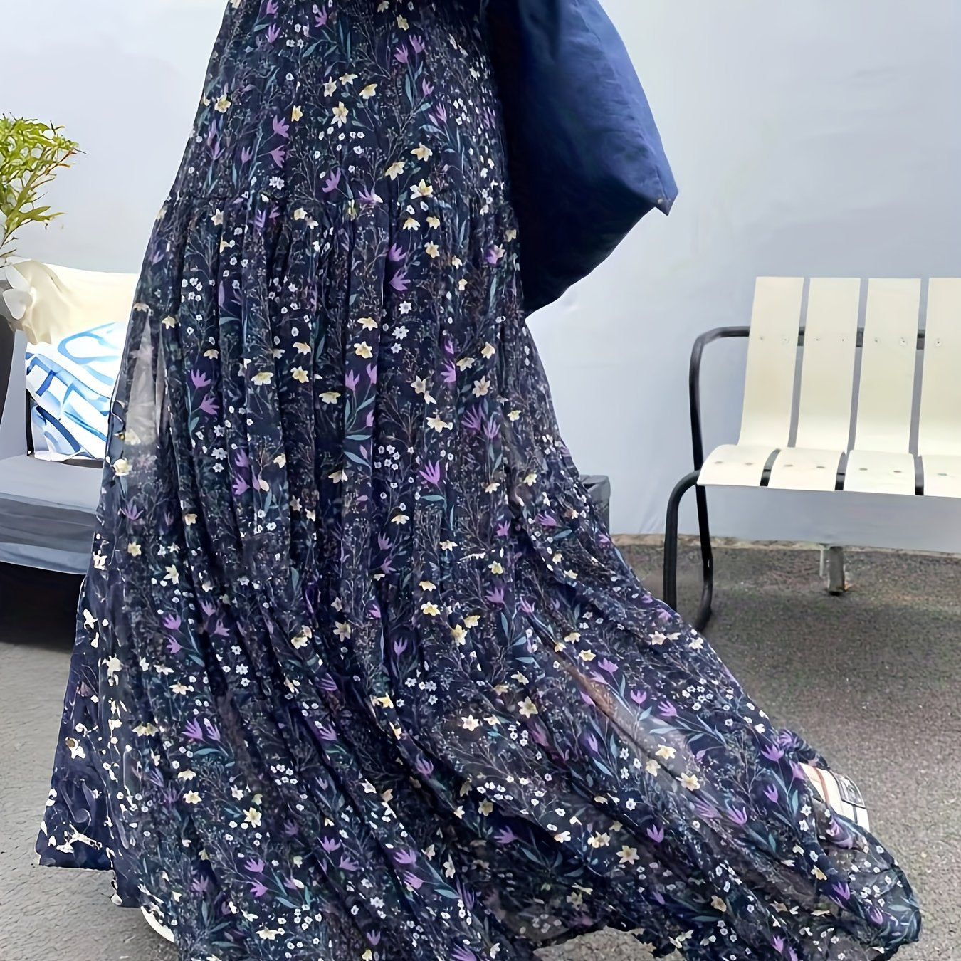 [Floral Chiffon Midi Skirt] Elegant High-Waisted Floral Chiffon Midi Skirt - Loose And A-Line Chiffon Skirt