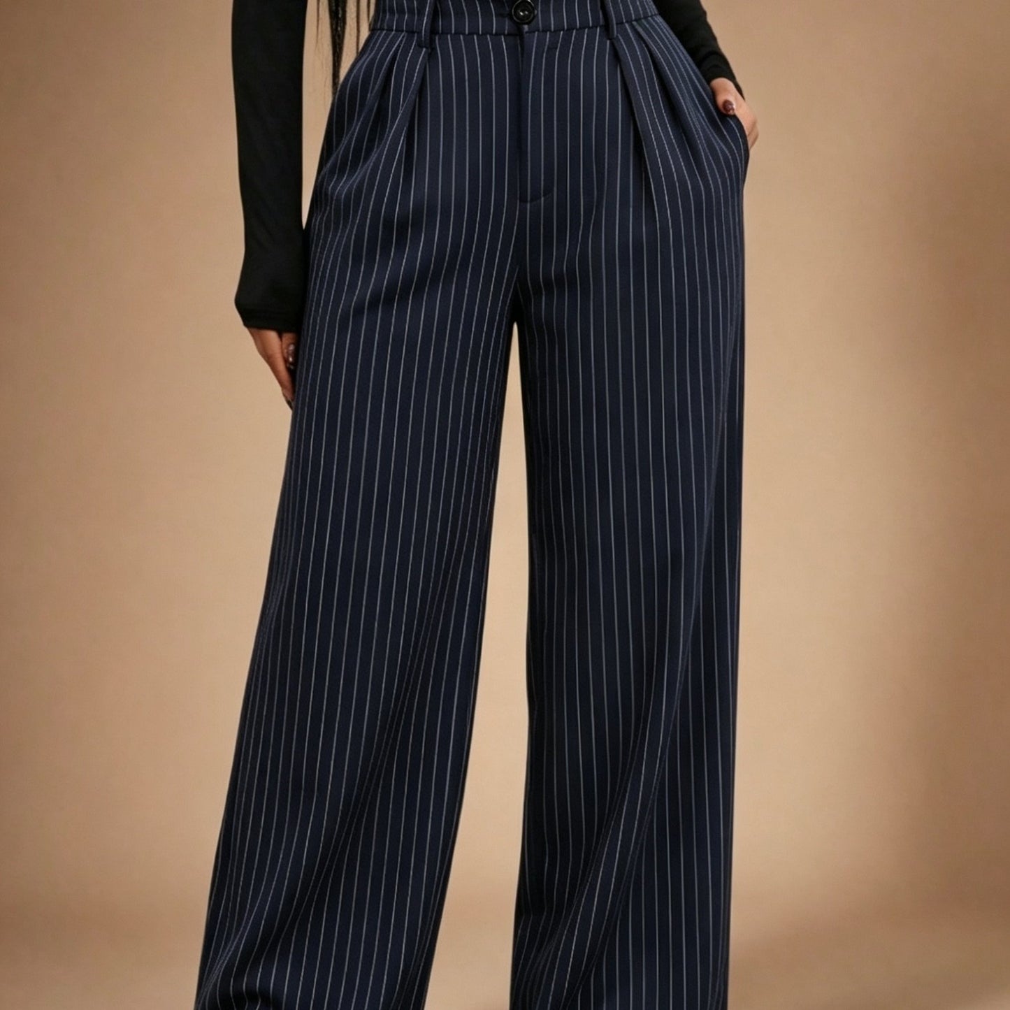 [Navy Blue | Striped] Navy Blue | Striped Suit Pants - Women's Minimalist Modern Suit with Pockets, Loose-Fit Trousers for Business, Office, Commuting & Formal Wear, Machine Washable Year-Round Professional Attire
