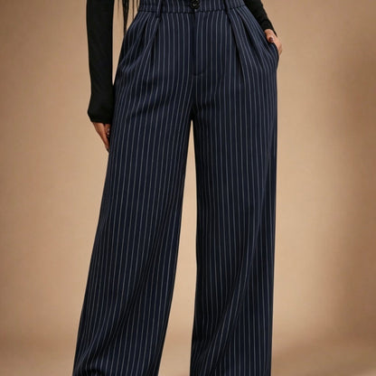 [Navy Blue | Striped] Navy Blue | Striped Suit Pants - Women's Minimalist Modern Suit with Pockets, Loose-Fit Trousers for Business, Office, Commuting & Formal Wear, Machine Washable Year-Round Professional Attire