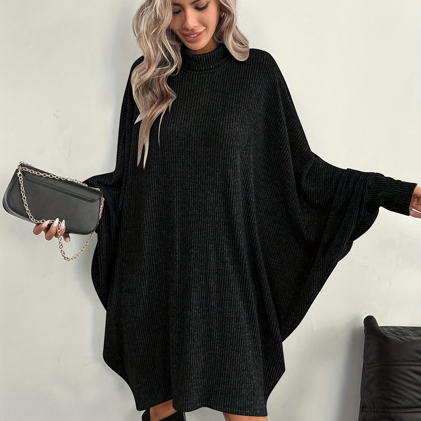 Women's Solid Color High Neck Batwing Sleeve Dress