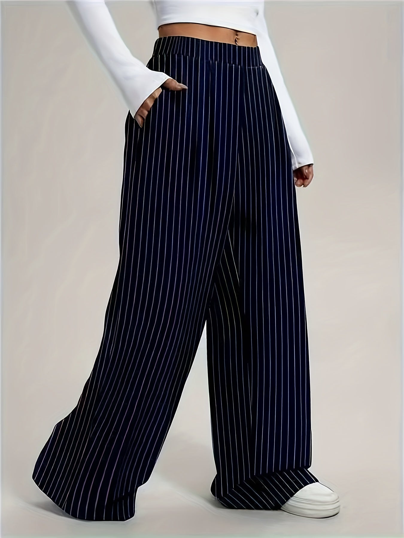 Women's Harem Pants, Fashion Striped Loose Wide-Leg Trousers with Vertical Pleats and Pocket Design, High-Waisted Full-Length Structured Non-Stretch Fabric, Suitable for All Seasons Professional and Semi-Formal Wear, Elegant Special