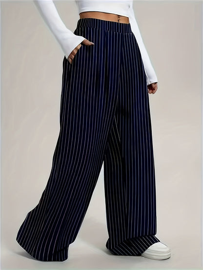 Women's Harem Pants, Fashion Striped Loose Wide-Leg Trousers with Vertical Pleats and Pocket Design, High-Waisted Full-Length Structured Non-Stretch Fabric, Suitable for All Seasons Professional and Semi-Formal Wear, Elegant Special