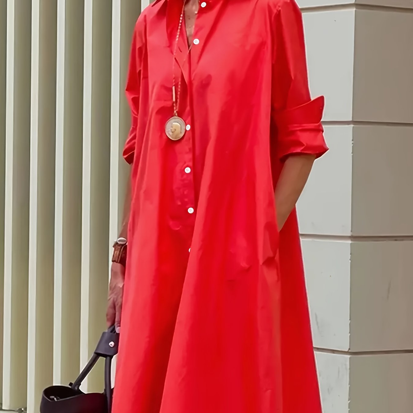 European and American Solid Color Loose Lapel Long Sleeve Shirt Dress