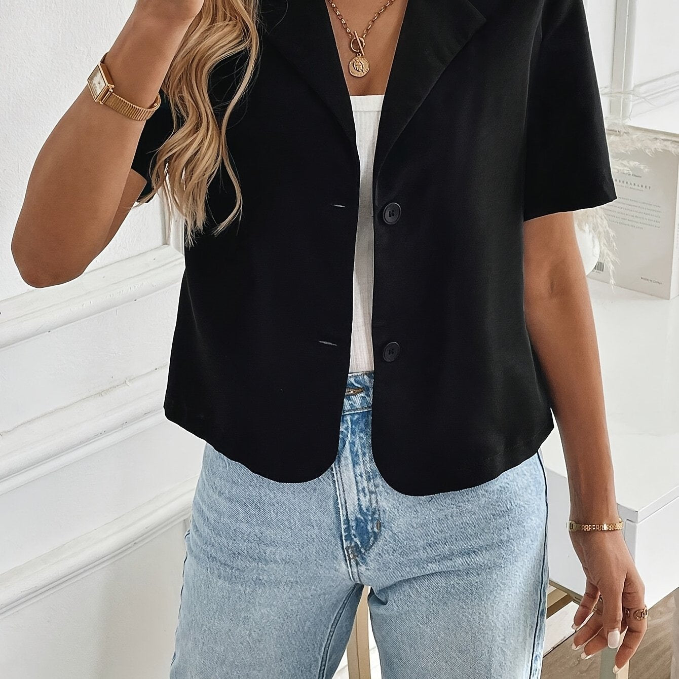 Women's Elegant Regular Fit Blazer - Short Sleeve Single-Breasted Jacket with Belt, Solid Color Business Casual Office Attire, All-Season Versatile Graduation Attire & Professional Wear, Celebration Attire | Sophisticated Style | Durable Fabric