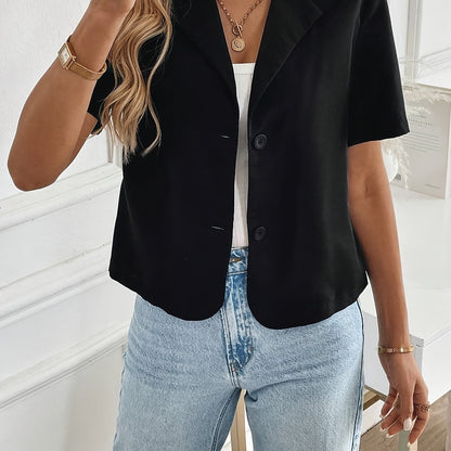 Women's Elegant Regular Fit Blazer - Short Sleeve Single-Breasted Jacket with Belt, Solid Color Business Casual Office Attire, All-Season Versatile Graduation Attire & Professional Wear, Celebration Attire | Sophisticated Style | Durable Fabric