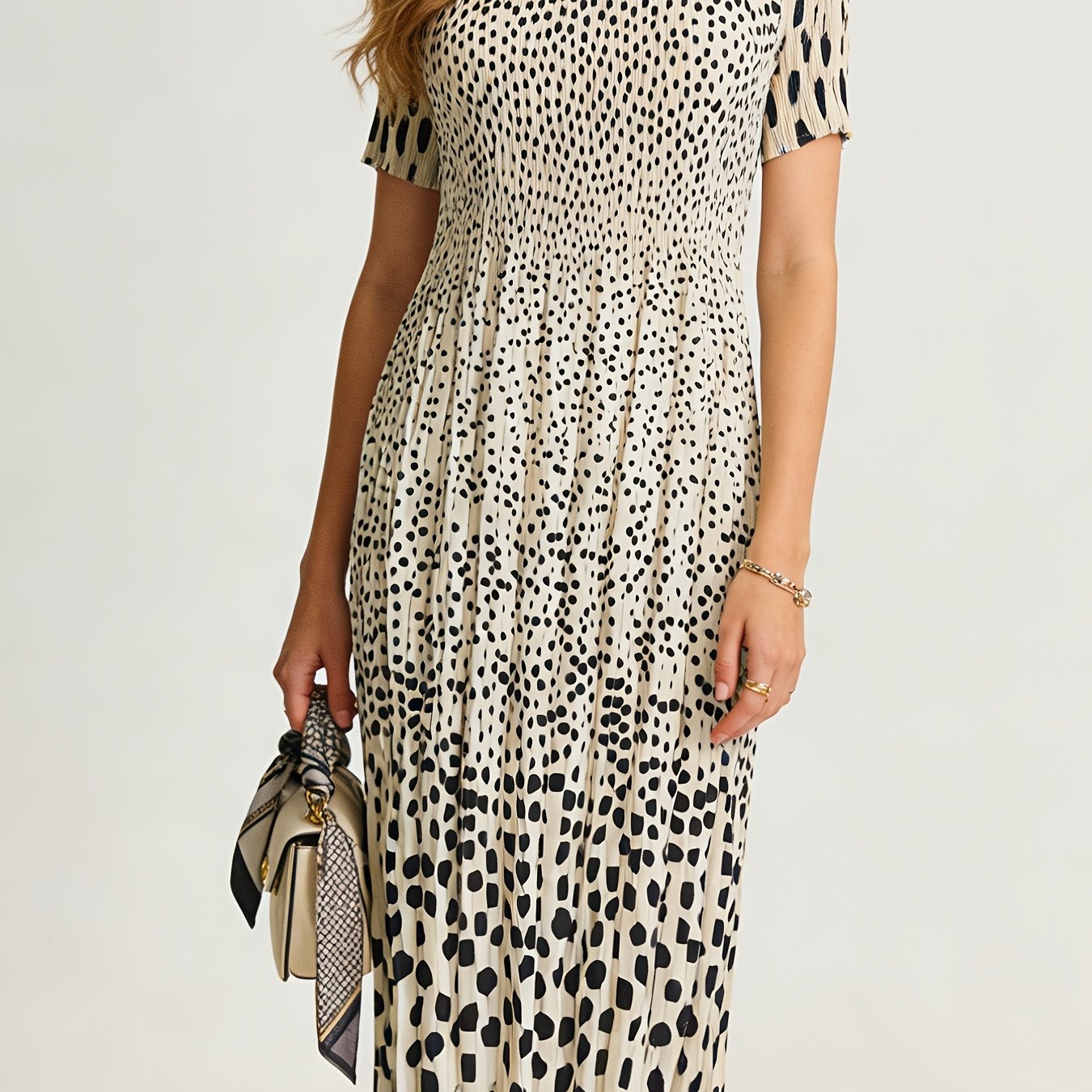 [Super Stretch Bohemian] Super Stretch Bohemian Dress | Polka Dot Print Pleated, High-waisted Ruffled Skirt, Over-the-knee Mid-length 1pc, Seamless Waist, Instant Rebound, Simple Commuter Style, Suitable for 90-180 Lbs