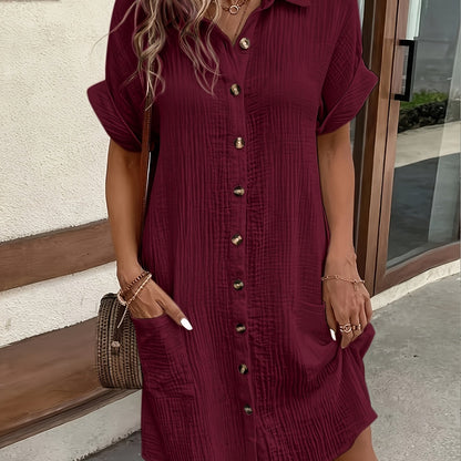 Easy Solid Color Shirt Dress, All- Breathable, Lapel Design Exudes Professionalism, Buttons Arranged in Order, Adding a Touch of Retro Charm