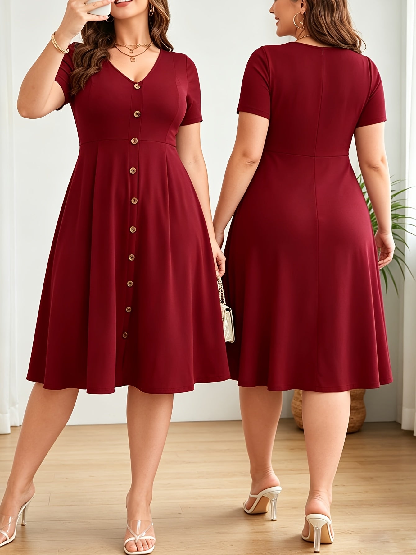 Plus Size - Plus Size - Plus Size Women'S Buttoned V-Neck Waist Dress
