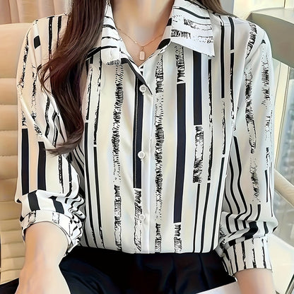 Women'S Casual Striped Shirt, Button-Up Design, Made Of, Suitable for Spring, Summer, And Autumn Casual Or Formal Wear | Classic Lapel Fashion Button-Up, Elegant Women'S Shirt, Beautiful Women'S Shirt, Autumn Women'S Top Trend, Women'S Clothing