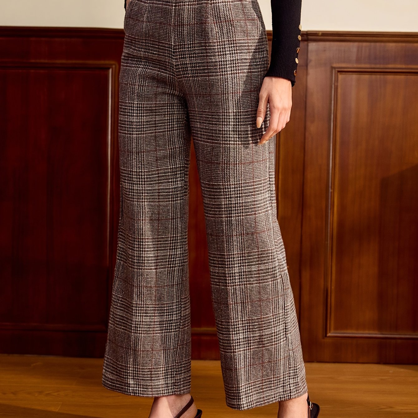 Women'S Elegant Plaid Button Loose Straight Long Pants for Autumn And Winter