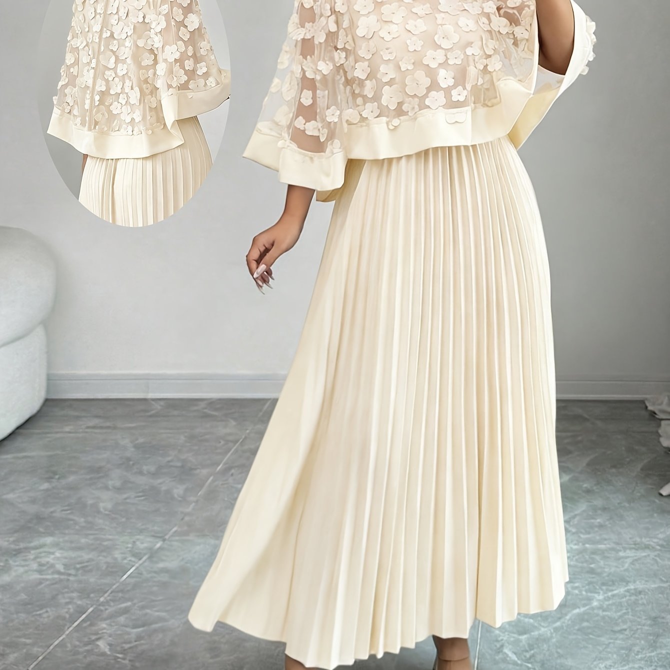 Elegant Floral Applique Two Piece Set for Women with Round Neck Flutter Sleeve Pleated Maxi Skirt Formal Style