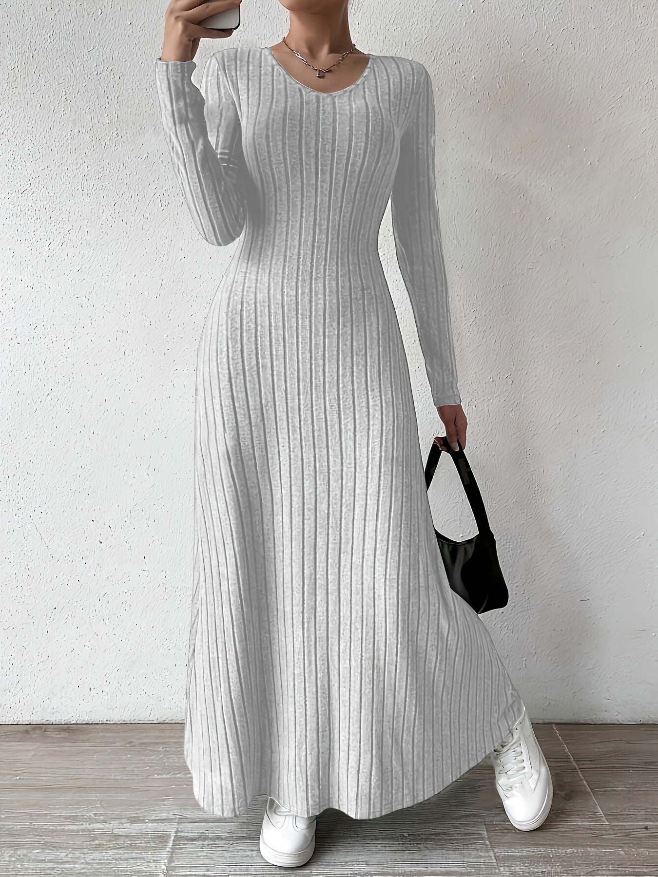 Women's Elegant V-Neck Long Sleeve A-Line Dress - Solid Color Machine Washable Fall Dress with Flattering Silhouette, Versatile for Casual & Formal Occasions, Long Sleeve Maxi Dress, Comfortable Fit