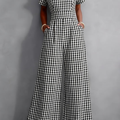 2026 Spring Summer Plaid V-Neck Short Sleeve Jumpsuit Women's, High-Waist Wide-Leg Straight Long Pants, Commute Casual Two-Wear, Waist-Cinching Design Flowing Wide-Leg Trousers
