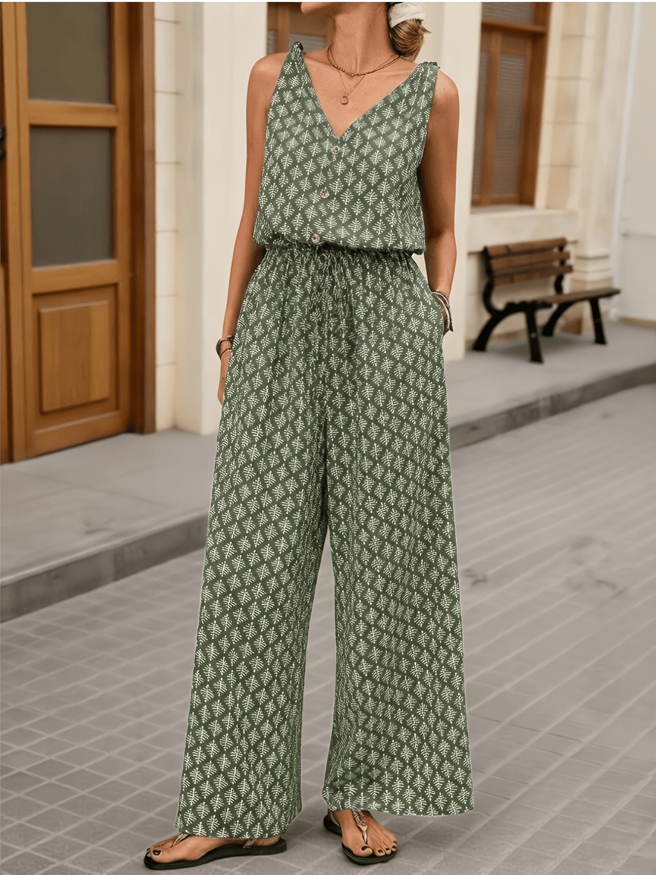 Women's Casual Jumpsuit/Summer Wide-Leg/Printed Sleeveless V-Neck Long with Pockets and Buttons/Green, Apricot