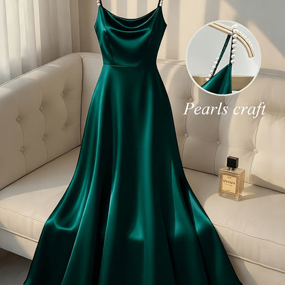 [Pearl Strap] Satin Cami Retro Dress, Suitable for Parties, Weddings, Dates, And Commuting, Luxurious Dress