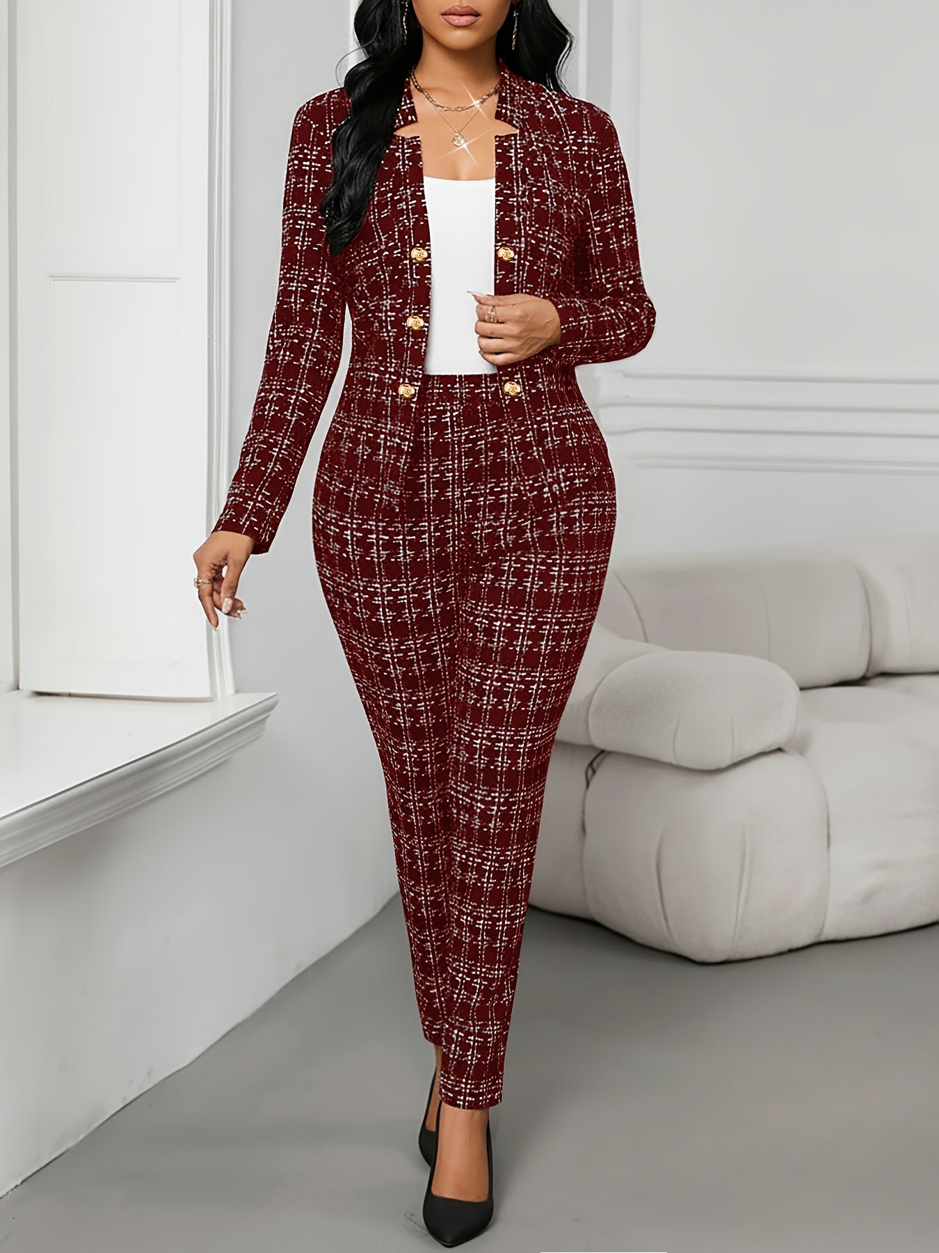 Elegant Plaid Suit 2pcs Set with Front Double-Breasted Button Detail, Trousers for Commuting and Casual Wear