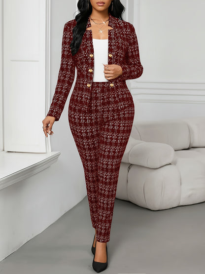 Elegant Plaid Suit 2pcs Set with Front Double-Breasted Button Detail, Trousers for Commuting and Casual Wear