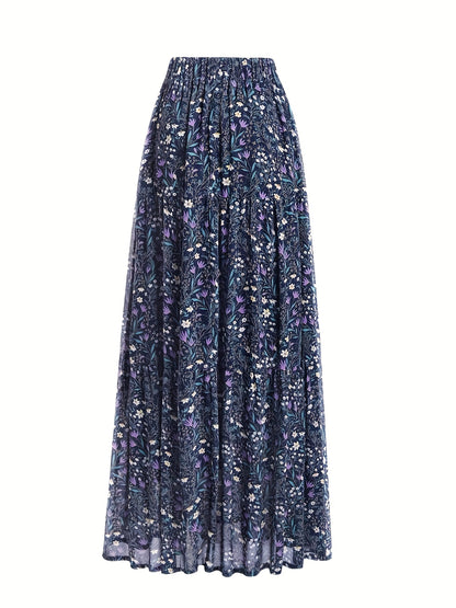 [Floral Chiffon Midi Skirt] Elegant High-Waisted Floral Chiffon Midi Skirt - Loose And A-Line Chiffon Skirt