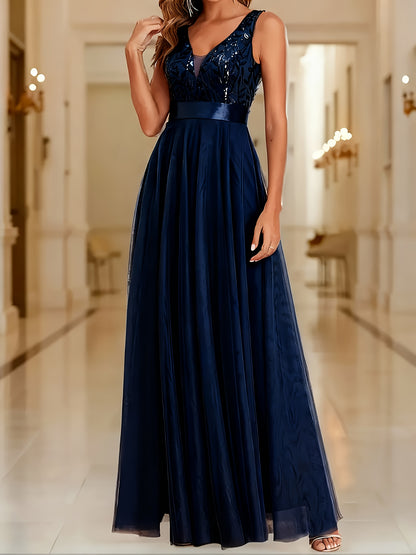 Fashionable Sexy New Women'S Sequin Mesh Patchwork A-Line Party Dress