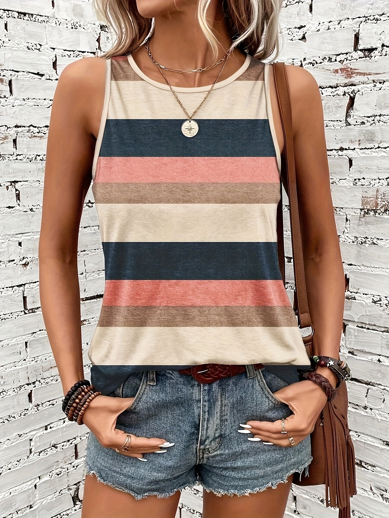[Women's Base Layer] Versatile Summer Women's Striped Short Sleeve T-Shirt Tank Top Round Neck Base Layer
