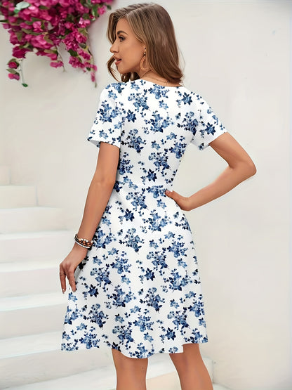 Elegant Floral Print V-Neck Short Sleeve Dress | Suitable for Outerwear or Layering, Flared Design, Ideal for Spring/Fall