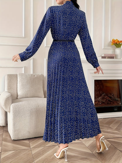 Pleated Allover Print Tie Neck Dress, Elegant Long Sleeve Dress For Spring & Fall, Women's Clothing