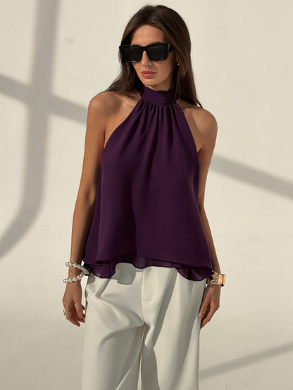 Plum Purple Women's Sexy Bohemian Minimalist Off-Shoulder Ruched Chiffon A-Line Top, Spring/Summer Style, Spring Women's Wear, Beach Vacation Outfit, Summer Holiday Attire, Casual Top, Women's Vacation Wear