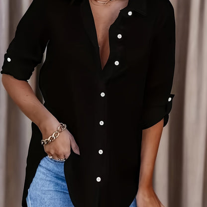 Women's Solid Color Button-Up Long Sleeve Casual Top