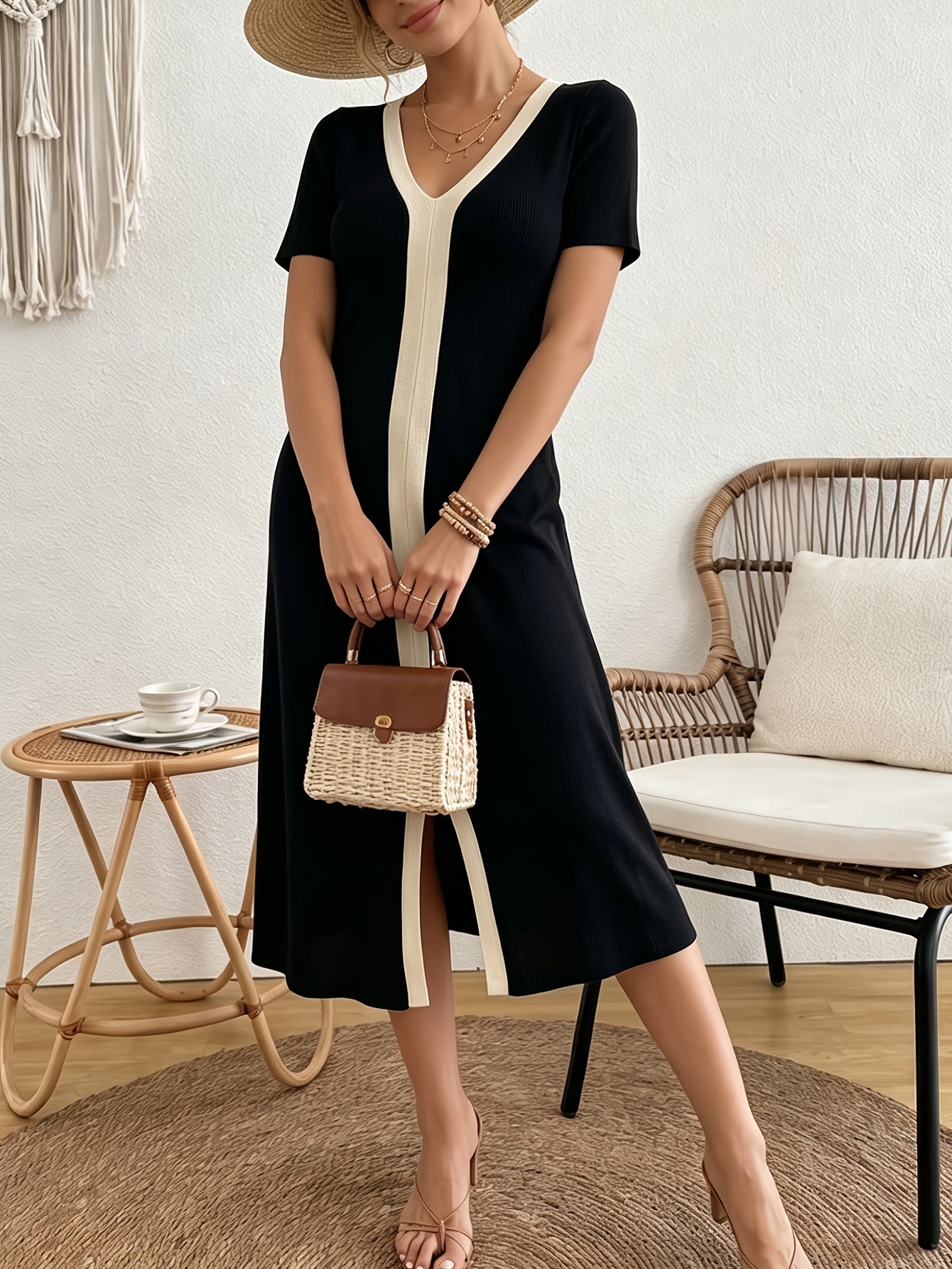 [French-Style V-Neck Dress] Women's French-Style V-Neck Dress - Short Sleeve Midi Dress with Slit Detail | Straight-Cut Office Dress for Commuting, Blouse-Compatible Solid Color Dress for Casual to Professional Wear