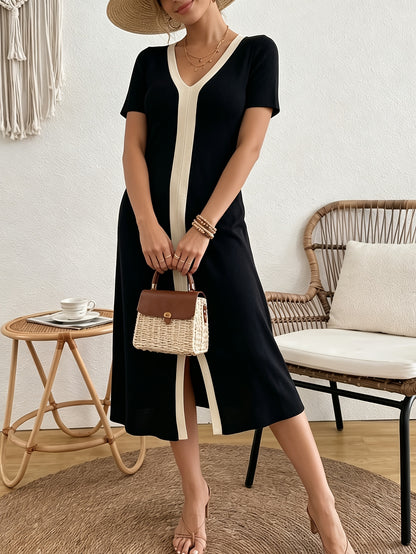[French-Style V-Neck Dress] Women's French-Style V-Neck Dress - Short Sleeve Midi Dress with Slit Detail | Straight-Cut Office Dress for Commuting, Blouse-Compatible Solid Color Dress for Casual to Professional Wear