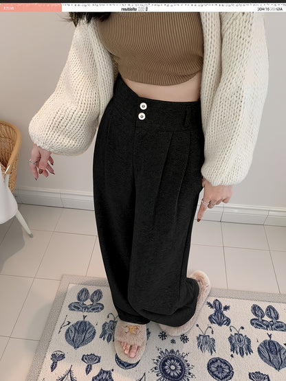Women's Simple Commuter Straight-Leg Loose Elastic Pants, Draping Tweed Wide-Leg Trousers, Autumn-Winter Women's Clothing, Elegant Casual Long Pants, High-Waisted Suit Pants