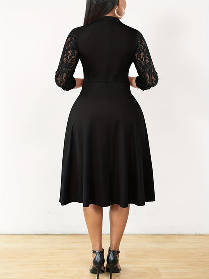 [Elegant V-Neck Lace] Elegant V-Neck Lace Sleeve Midi Dress | Autumn/Winter Women's Fashion, Three-Quarter Sleeve A-Line, Suitable for Formal Occasions, Cocktail Parties, and Gatherings